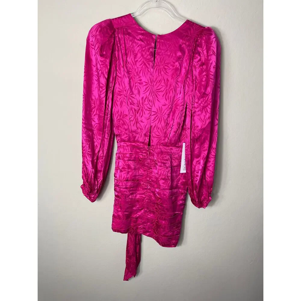 Ronny Kobo Giorgia Dress Fuchsia Silk Blend Ruched Wrap Mini Long Sleeve